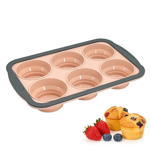 Silicone Muffin Pans for Baking with Metal Frame 6-Cup Silicone Muffin Pan Non-BPA Nonstick Coating Easy Release & Clean Oven & Dishwasher Safe Versatile for Baking Custards & Cupcakes(Pink)