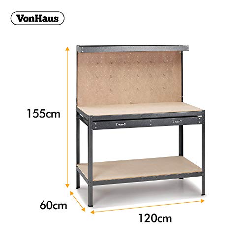 VonHaus Garage Work Bench with Pegboard - Metal and Wooden Workbenches - Suitable for Most Garage Equipment - Workbench Containing - Storage Drawer, Shelf and 20 Hooks - 230kg Capacity