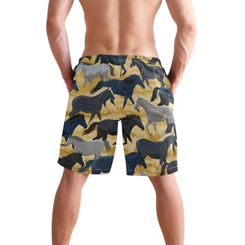 Men's Swim Trunks Quick Dry Swimming Shorts with Pocket Horses Running on Golden Background Swimsuit Trunks2