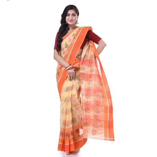 Image of dB DESH BIDESH Women`s Bengal Tant Tree Print Design Pure Handloom Cotton Saree Without Blouse Piece