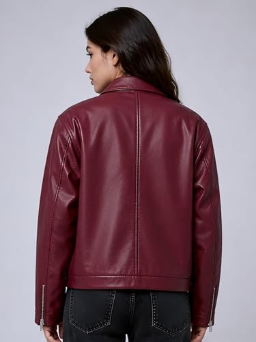Image of Women's Faux Leather Jacket | Biker Motorcycle Jacket with Zip Front Closure, Classic Shirt Collar | Regular Fit Casual Winter Outerwear | Women's Fashionable Lightweight Leather