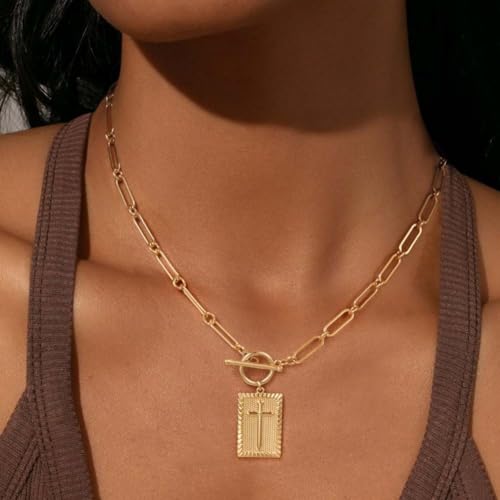 Cross Pendant Paperclip Chain Necklace, 14k Gold & Silver Plated, Unisex, Waterproof and Sweat-Resistant, Fade-Proof2