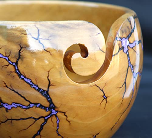 Image of Lichtenberg Figure Yarn Bowl - Handmade Wooden Yarn Bowl for Knitting Yarn Ball Holder - Yarn Bowls with Holes Crochet Bowl Holder - Yarn Storage Bowl 7 inch x 4 inch inches (Sky-Blue-A)