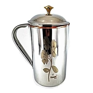 MELORA Rishabh Gold Copper JUG with Stainless Steel Coating (Flower Design) ( 2 LTR Capacity )
