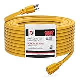 EP 100 Ft Outdoor Extension Cord, 12/3 SJTW Heavy Duty Extension Cable with 3 Prong Grounded Plug, 15 AMP Power Cord for Lawn, Garden, Appliances, Yellow