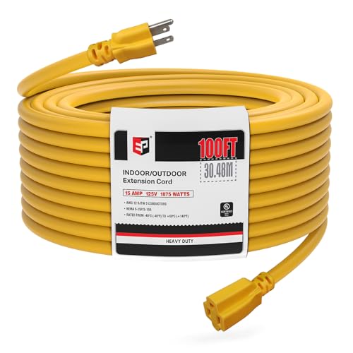 EP 100 Ft Outdoor Extension Cord, 12/3 SJTW Heavy Duty Extension Cable with 3 Prong Grounded Plug, 15 AMP Power Cord for Lawn, Garden, Appliances, Yellow