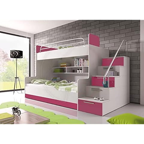 Furniture Just4U Modern Double Triple Bunk Bed Cabin Bed Storage High Sleeper Bed Without Mattresses Stairs Bedroom Boy Girl Youth Child EDEN 2 Pink Colour Cover