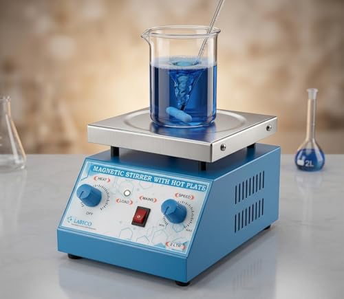 Image of Magnetic Stirrer with Hot Plate | 2L Capacity | 1500 RPM | Up to 150C Heating | Dual Function Stirring & Heating | Adjustable Manual Control | Durable Lab Equipment with 1-Year Warranty (Blue)