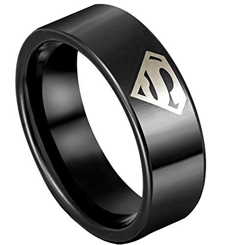 Superman Ring Titanium 4 Colors Mens Unisex Superhero Size 6-12 (Black, 9)