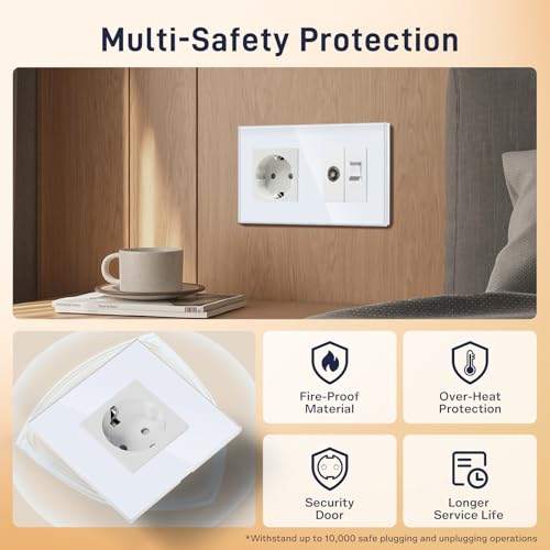 BSEED Schuko Steckdose mit 1/2 TV-Antenne Koaxial- und RJ55-Cat5e-Ethernet KristallGlas Platte Steckdose Glas Unterputz Steckdose 16A Steckdose Verl&auml;ngerungssteckdosen Wandsteckdose Wei&szlig; 157mm