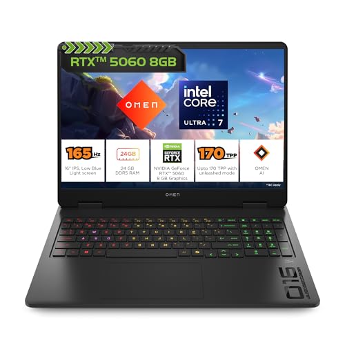 Image of HP Omen, Intel Core Ultra 7 255H, 8GB RTX 5060, 24GB DDR5(Upgradeable) 1TB SSD, 2K, 165Hz, 3ms Response time, IPS, 16'' /40.6cm, Win11, M365*Office24, Shadow Black, 2.43kg, am0238tx, RGB Gaming Laptop
