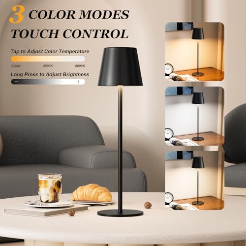Image of Kakanuo 20 inch Black Cordless Table Lamp Rechargeable - 2 Pack 5000mAH Battery Operated Lamp for Counter, 3 Color Stepless Dimming Wireless Lamp for Dining Table, Touch Control
