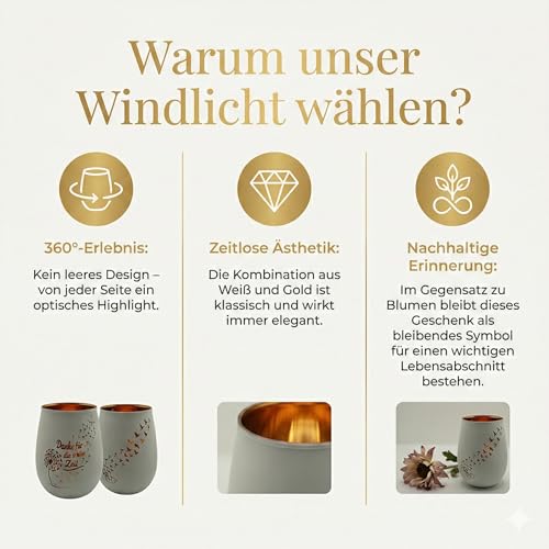 Personalisiertes Windlicht & Teelichthalter mit Gravur – Kerzenglas mit Spruch Danke für die schöne Zeit – Abschiedsgeschenk für Kollegen & Familie, Beidseitiges Pusteblume Design, Weiß/Gold