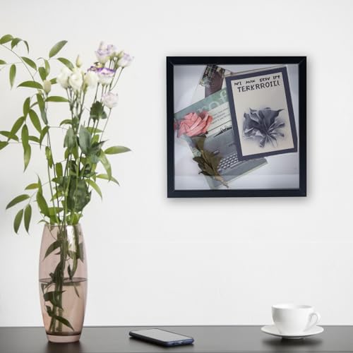 Image of Muzilife 10x10 Shadow Box Picture Frame with Linen Board - Deep Wood & Glass Display Case Ready to Hang Perfect to Display Baby & Sports Memorabilia, Pins, Awards, Medals, Tickets and Photos (Black)