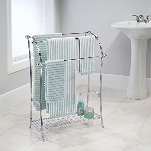 mDesign-Large-Standing-Metal-Bathroom-Towel-Holder-Stand-with-Shelf-3-Tier-Towel-Rack-Stand-for-Hanging-Bath-Hand-and-Fingertip-Towels-Towel-Stand-for-Bathroom-Hyde-Collection-Chrome