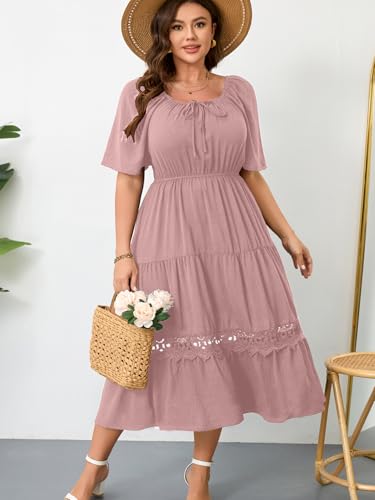Image of RWJ Women's Plus Size Maxi Dress Short Sleeve Square Neck Flowy A-Line Lace Trim Flutter Party Casual Off Shoulder Dresses
