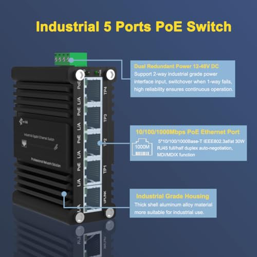 Image of Mini Industrial 4-Port 10 /100 /1000BASE-T 802.3at PoE + 1-Port 10 /100 /1000T Ethernet Switch, Din Rail Unmanaged 10 /100 /1000Mbps Network Switch 30W /Port Max 120W 12-48V DC Thick Shell