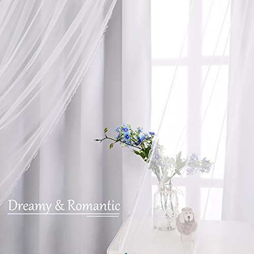 Image of Blackout Curtains 52W x 84L Set of 2 - Greyish White Double Layer Voile Sheer with Lace Hem for Bedroom Living Room