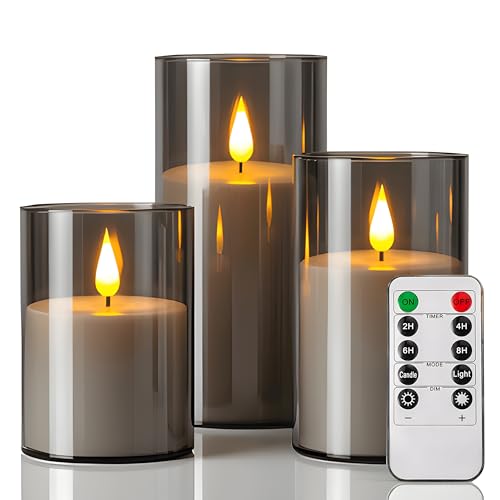 Image of NICEME Flickering Flameless Candles with Remote Timer Unbreakable Acrylic Battery Operated LED Candles with Flickering Flame 3D Wick for Romantic Ambience Home Decor Set of 3, D3 inch xH4 inch 5 inch 6 inch Gray