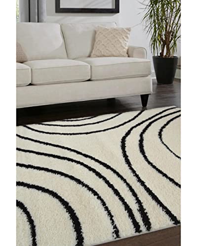 Modern Style Rugs Cosy Shaggy Black Cream Textured Wavy Rug. High Pile Rug, Soft Touch Area Rug Suitable for any Living Space Large Lounge - 160x230cm