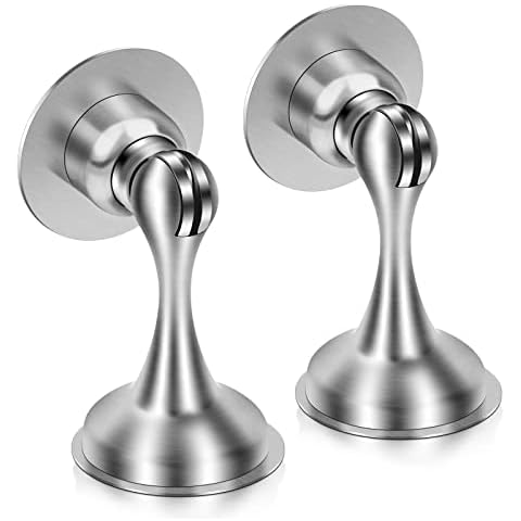 Wedama Door Stopper Stainless Steel Magnetic Door Stop, 2 Pack Heavy Duty Door Catch Holder, Wall&Floor Mounted Door Open Holder with Adhesive Tapes for No Drilling, Screws for Stronger Mount-Silver Cover
