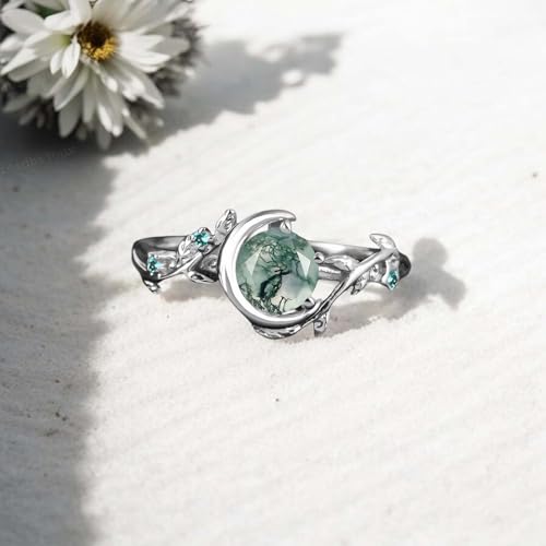 Natural Moss Agate Engagement Ring 14k Black Gold Ring Nature Inspired Emerald Jewelry for Women Gift for Her4