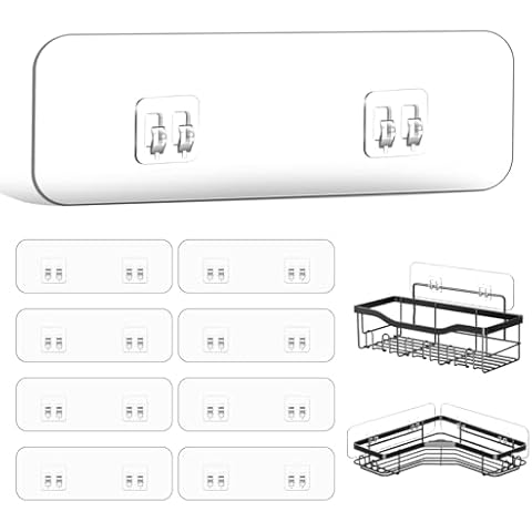 FGSAEOR 9-Pack Shower Caddy Adhesive Replacement, Transparent Adhesive Hooks Stickers, Strong Hook Strip for Shower Caddy Basket Shelf, Soap Holder, Bathroom Storage Corner Shelves, Kitchen Racks Cover