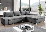 FURNIX Ecksofa Tommaso mit Schlaffunktion und Bettkasten - Couch Sofa mit Kissen - L-Form Sofa, Stellfüße in Chromoptik - B297 x T210 x H85 cm, Liegefläche 255 x 150 cm - MH84 (beige)