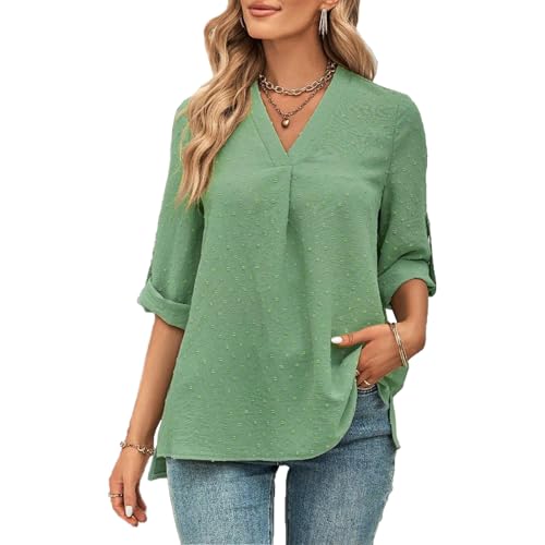OUSIMEN Camisa de mujer con cuello en V, elegante, casual, de manga larga, color liso, verde claro, S