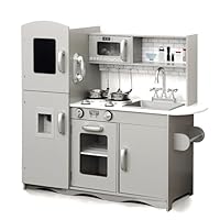 KIDOZ Wooden Toy Kitchen, Large Pretend Play Kitchen With Realistic Oven, Microwave and Sink With Taps, Kitchen Playset with Sounds and Lights For Kids (New Grey (Kitchen with Utensils)