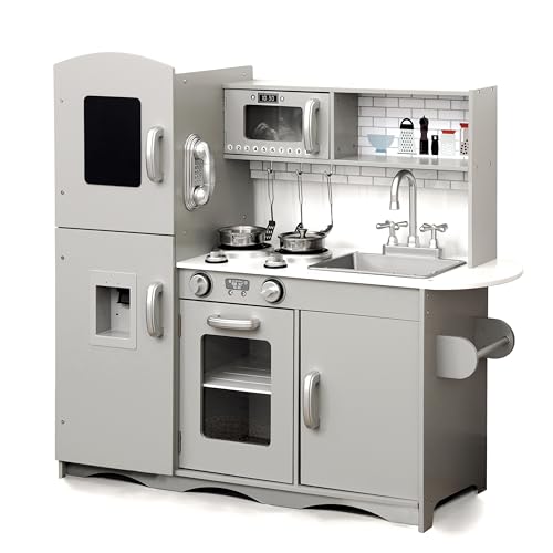 KIDOZ Wooden Toy Kitchen, Large Pretend Play Kitchen With Re