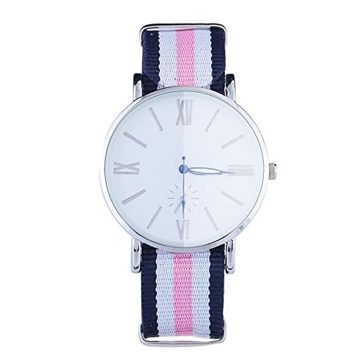 Dilwe Reloj de Pulsera Unisex Correa de Rayas de Nylon Reloj Analógico de Movimiento Redondo de Cuarzo de Esfera Redonda(2)