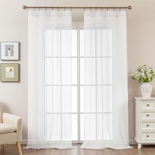 Image of White Sheer Curtains 108 Inches Extra Long, Privacy Semi Sheer Curtains for Living Room Bedroom, Light Filtering Rod Pocket Voile Window Drapes 2 Panels Set, Each 42 inch W x 108 inch L