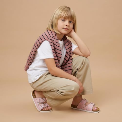 Image of CUSHIONAIRE Lily Girl Toddler Sandals with Adjustable Gold Tone Star Buckles and Cushioned Cork Footbed Slip On Girls Slides for Kids