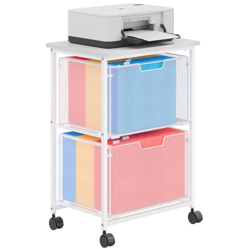 Letter/Legal Rolling File Cabinet, Rolling File Cart with 2 Drawers Filing Cabinet for Home Office, Hanging File Folders Organizer for Under Desk Storage, Mobile Printer Stand, White
