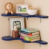 Ecowillon Cute Cloud Corner Shelves - Set of 2 Navy Blue Wooden Floating Corner Shelves Wall Mounted, Space-Saving Nursery Shelves with Brackets, Kids Room Decor for Bedroom,Living Room,Bathroom