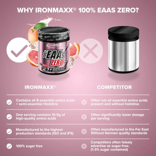 IronMaxx 100% EAAs Zero - Pink Grapefruit 500g Dose | EAA-Pulver,Vegan Und Zuckerfrei Mit Allen 8 Essentiellen Aminosäuren | Fruchtiger Geschmack, Frei Von Konservierungsstoffen 3