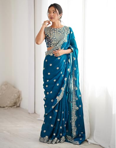 Image of Satrani Women's Shimmer Chiffon Dual Tone Scalloped Border Sequins Embroidery Saree with Unstitched Blouse Piece