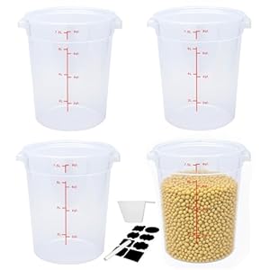 Round Food Storage Container with Lid, 8Qt Translucent, Commercial 4 Pack of – NSF Listed, BPA-Free, Polypropylene, Non-Stick, Scale, with Labels & Measuring Cups