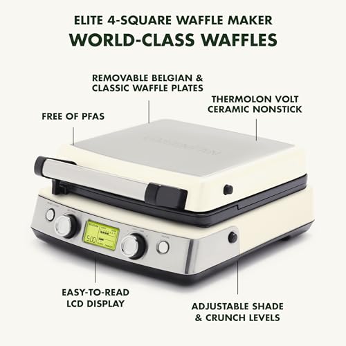 GreenPan Elite 4 square Belgian and classic waffle iron, healthy ceramic nonstick aluminum dishwasher safe plates, adjustable shade/crunch control, will not overflow,