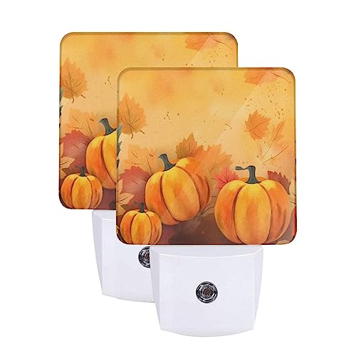 Image of Fall Pumpkins Night Light Set of 2, Auto Sensor LED Dusk-to-Dawn Nightlights, Plug-in Sensor Lamp for Bedroom Bathroom Kitchen Hallway Stairs Decorative