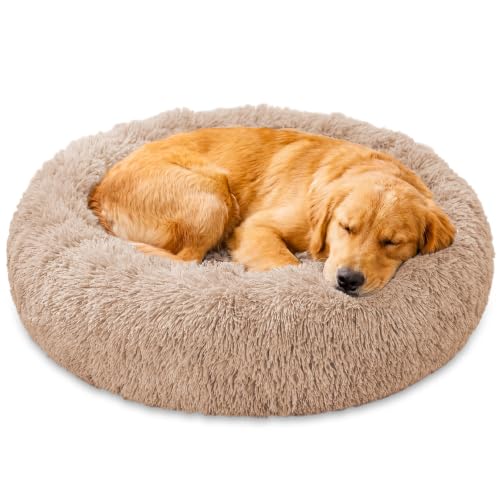 Image of JOLLYVOGUE Calming Washable Dog Bed for Extra Large Dog Bed, 45Inch Donut XL Dog Bed with Removable Cover, Round Fluffy Faux Fur Bed, Fits up to 110 lbs Pets, Camel