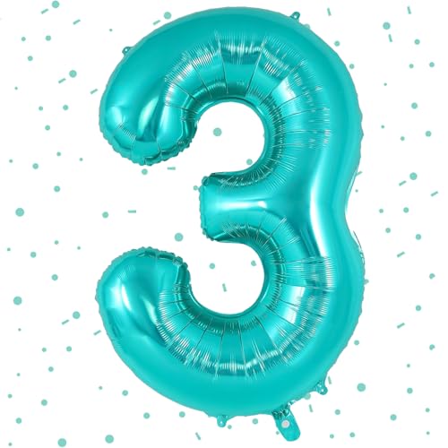 UDRKFOPK Palloncino con numeri blu verde, palloncini con numeri da 3, 40 pollici, in pellicola, 3,101 cm, con numeri a 3 elio, 3 compleanno, per 3 anni, decorazione di compleanno per bambini e ragazze