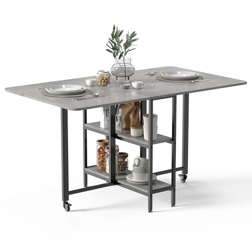 Mondeer Mobiler Klappbarer Esstisch, Klapptisch mit 2 Offenen Ablagen für Kleine Räume Esszimmer Küche, 140 x 80 x 75 cm, Grau