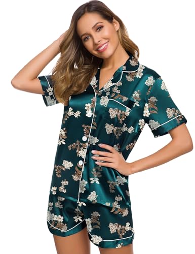 Image of SWOMOG Womens Silk Satin Pajamas Set Short Sleeve Sleepwear Button Down Top and Shorts Loungewear 2 Piece Pjs Set XS-3XL