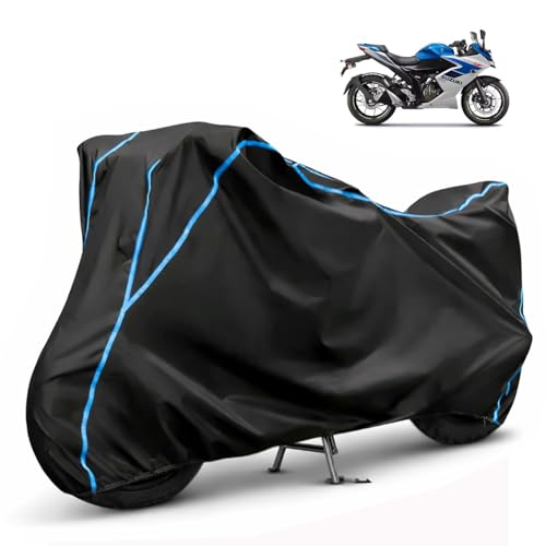 Image of Compatible with Suzuki Gixxer 250 Waterproof Two Wheeler Bike Body Cover Water Resistant, Heavy Duty, UV Rays, Dust & Scratch Protection for All-Modal & Variants (Black,Sky Blue Piping)