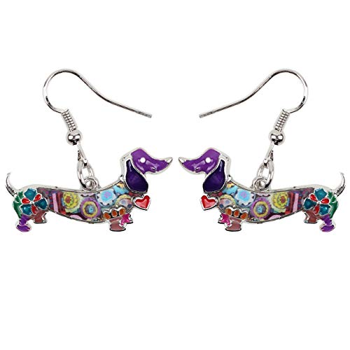 NEWEI Enamel Alloy Dachshund Dog Earrings Dangle Drop Fashion Cute Animal Jewelry For Women Girls Gift Charms (Purple)