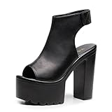 FIFILAPIN Women'S Peep Toe Super High Heel Platform Sandals With Hook And Loop Fashion Round Toe Chunky Platform Slingback Non-Slip Party Dress Shoes For Party, Evening Party, Date (black,11)