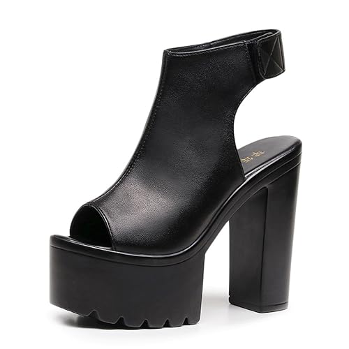 FIFILAPIN Women'S Peep Toe Super High Heel Platform Sandals With Hook And Loop Fashion Round Toe Chunky Platform Slingback Non-Slip Party Dress Shoes For Party, Evening Party, Date (black,11)