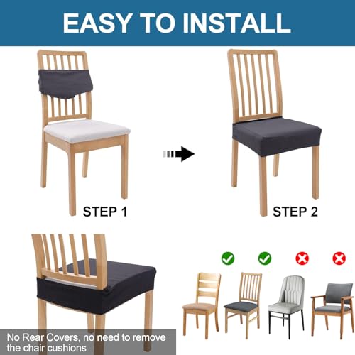 Image of Smiry Waterproof Seat Covers for Dining Room Chairs, No Rear Covers | Stretch Jacquard Removable Washable Chair Seat Slipcovers Protector, Set of 6, Dark Grey